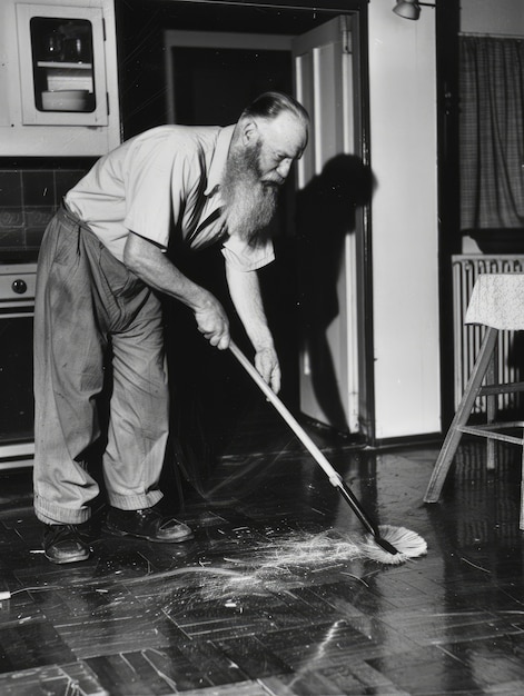 Foto grátis retrato monocromático de um homem retro fazendo trabalhos domésticos e tarefas domésticas
