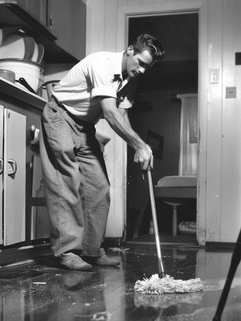 Retrato monocromático de um homem retro fazendo trabalhos domésticos e tarefas domésticas