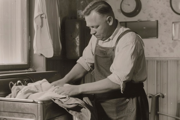 Retrato monocromático de um homem retro fazendo trabalhos domésticos e tarefas domésticas