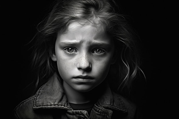 Retrato monocromático de uma criança triste