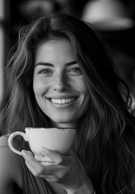 Retrato monocromático de uma mulher bebendo chá de uma xícara