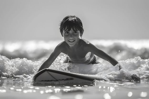 Foto grátis retrato monocromático de uma pessoa a surfar entre as ondas