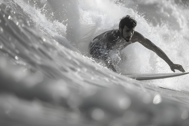 Retrato monocromático de uma pessoa a surfar entre as ondas