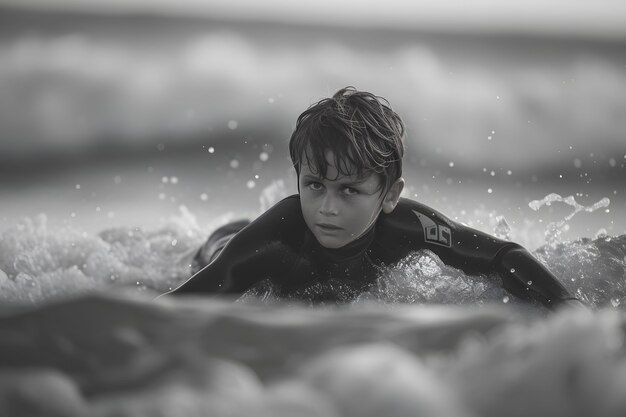 Retrato monocromático de uma pessoa a surfar entre as ondas