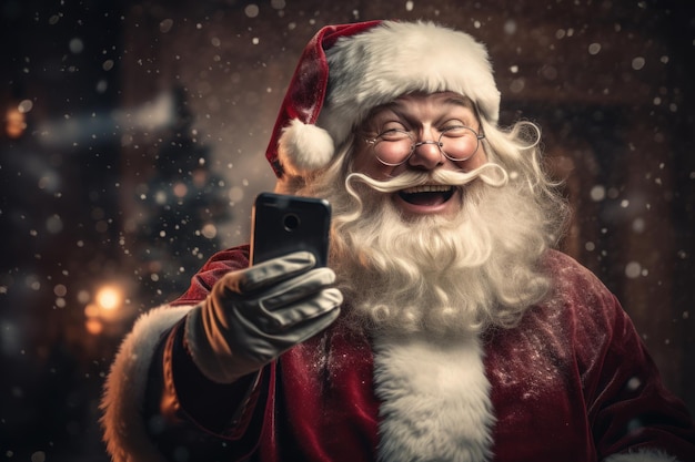 Retrato realista de papai noel sorrindo com smartphone e fundo nevado