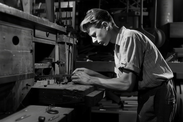 Retrato vintage preto e branco de um homem fazendo trabalhos domésticos e tarefas domésticas