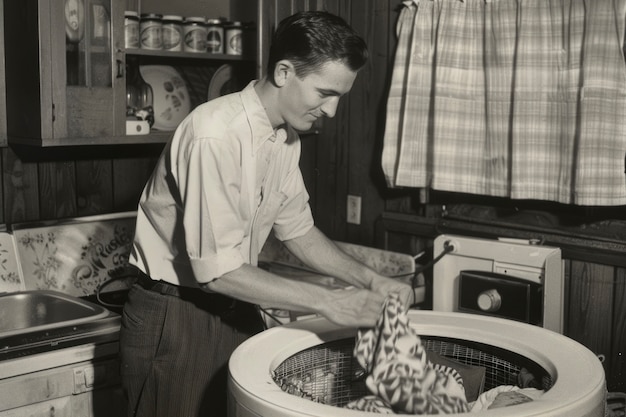 Retrato vintage preto e branco de um homem fazendo trabalhos domésticos e tarefas domésticas