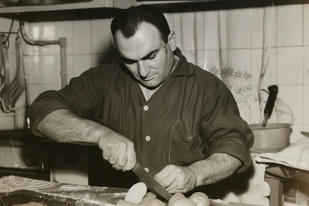 Retrato vintage preto e branco de um homem fazendo trabalhos domésticos e tarefas domésticas