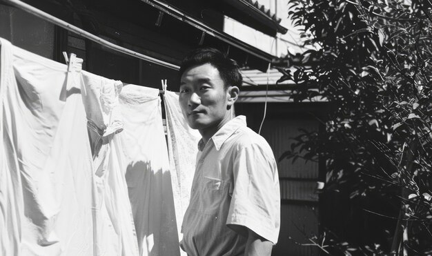 Retrato vintage preto e branco de um homem fazendo trabalhos domésticos e tarefas domésticas