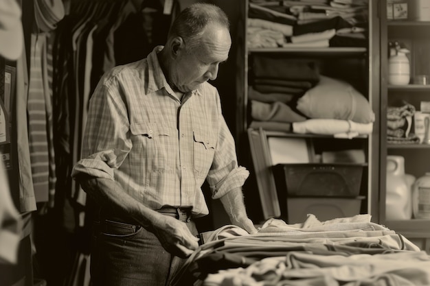 Retrato vintage preto e branco de um homem fazendo trabalhos domésticos e tarefas domésticas