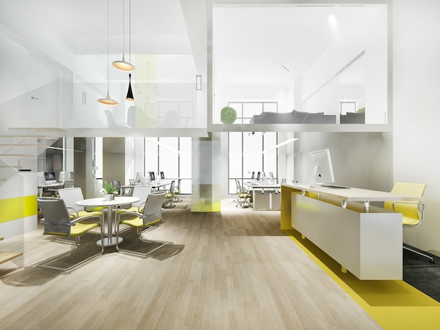 Reunião de negócios de renderização 3D e sala de trabalho amarela com escada
