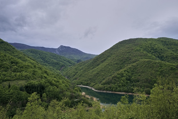 Rio cercado por montanhas cobertas por florestas sob um céu nublado