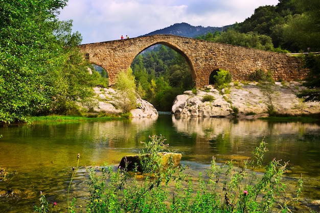 Rio da montanha com ponte medieval nos Pirenéus