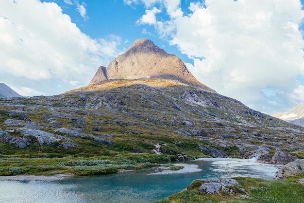 Rio fluindo abaixo da paisagem da montanha rochosa