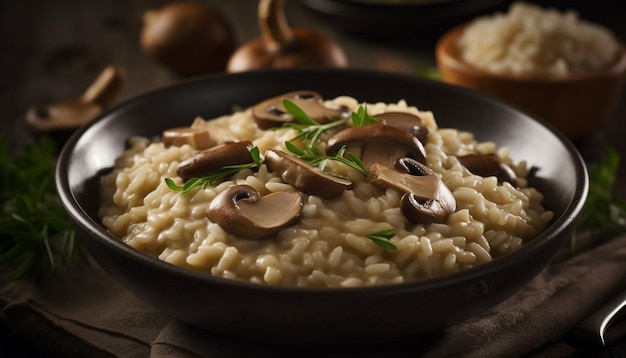 Risoto de cogumelos comestíveis com salsa e queijo parmesão gerado por IA