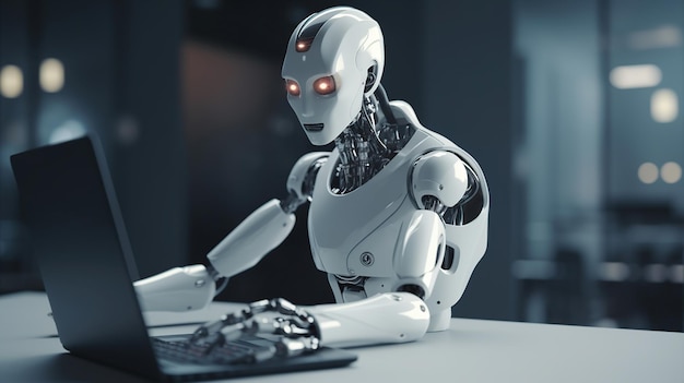 Robo advisor chatbot conceito robótico Ponto do dedo do robô para o botão do laptop Generative Ai