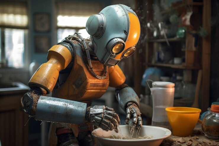 Foto grátis robô antropomórfico executando trabalho humano regular no futuro