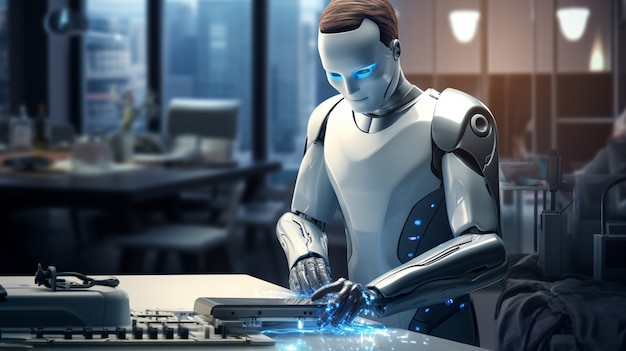 Foto grátis robô antropomórfico executando trabalho humano regular no futuro