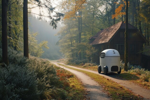 Robô de entregas num ambiente futurista.