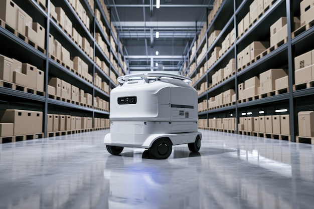 Foto grátis robô de entregas num ambiente futurista.