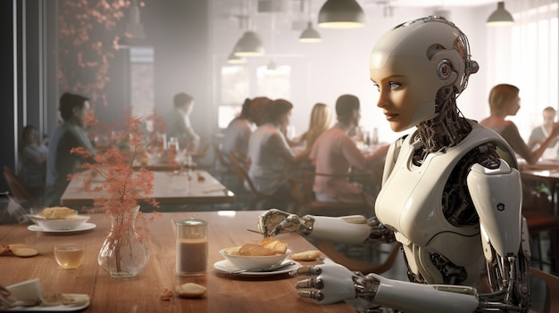 Foto grátis robô futurista antropomórfico executando um trabalho humano regular
