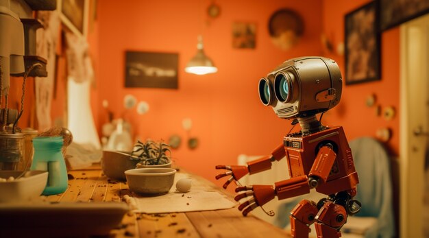 Robô futurista antropomórfico executando um trabalho humano regular