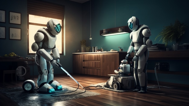 Robô futurista antropomórfico executando um trabalho humano regular