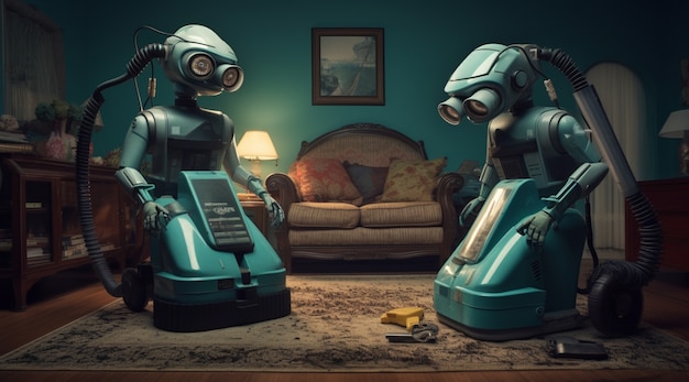 Robô futurista antropomórfico executando um trabalho humano regular
