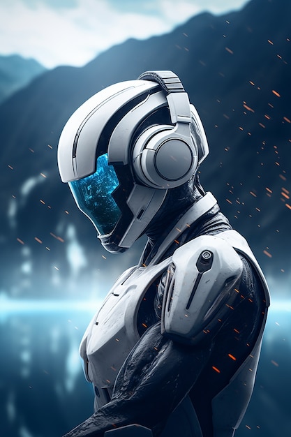 Robô futurista ouvindo música em fones de ouvido