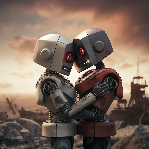 Robôs de tiro médio abraçando o mundo de fantasia