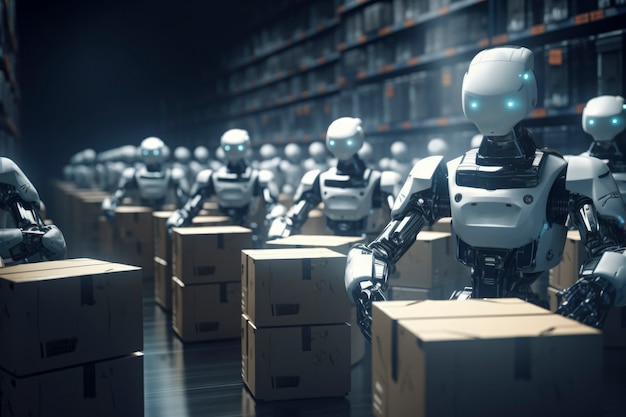 Robôs trabalhando em uma fábrica em vez de humanos