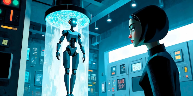 Foto grátis robot and scientist in futuristic laboratory