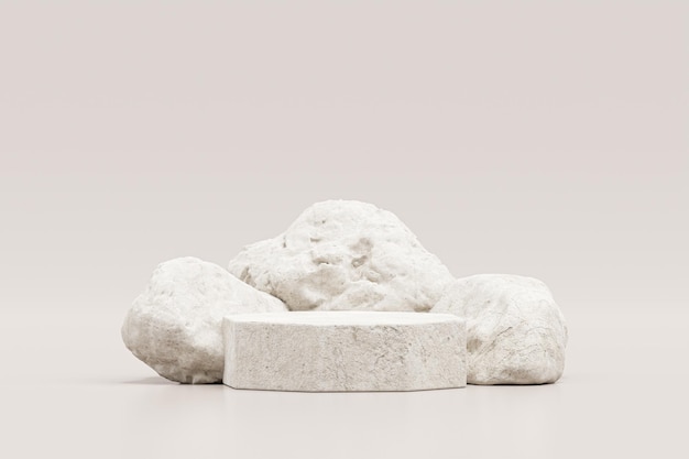 Rocha ou pedra pódio natureza pedestal estágio fundo de exibição de produtos ilustração 3D exibição vazia apresentação de showroom para colocação de produtos