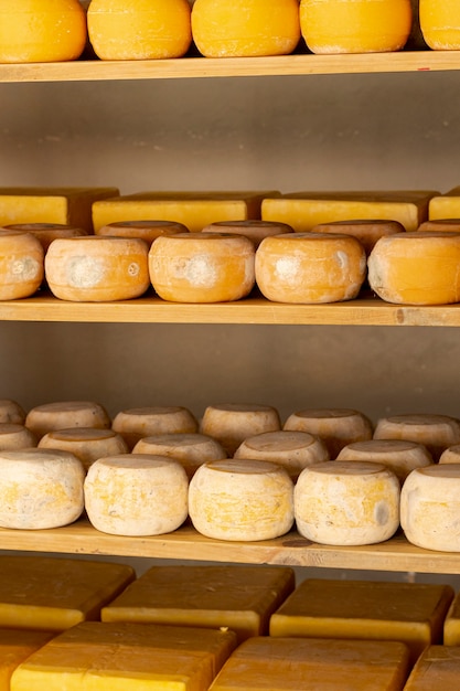 Rodas de queijo orgânico na prateleira