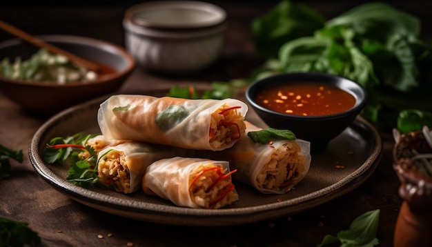 Foto grátis rolinho primavera fresco com molho caseiro de carne suína e legumes gerado por ia