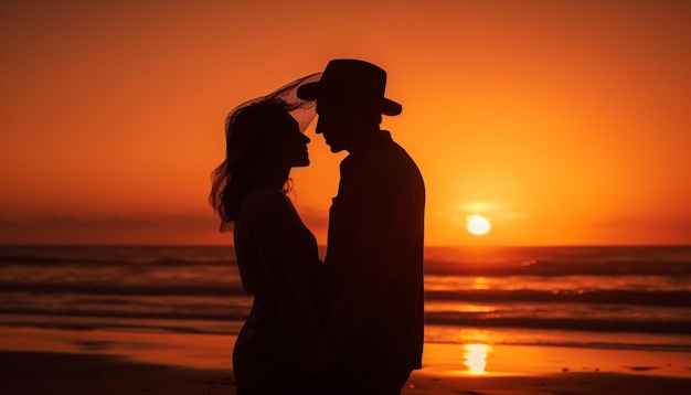 Foto grátis romance ao pôr do sol duas pessoas se abraçando na natureza gerada por ia