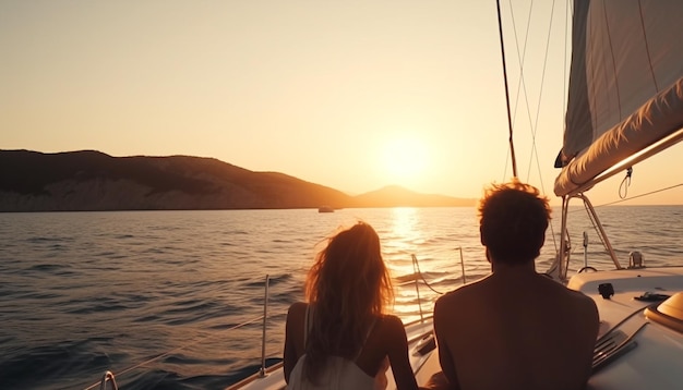 Foto grátis romance no veleiro duas pessoas pôr do sol despreocupado gerado por ia