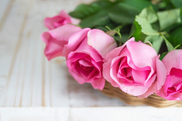 Rosa fresca rosa sobre fundo branco de madeira