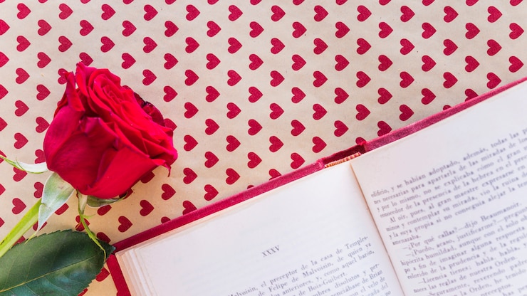 Foto grátis rosa vermelha com livro na mesa