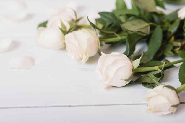 Rosas brancas lindas na mesa de madeira