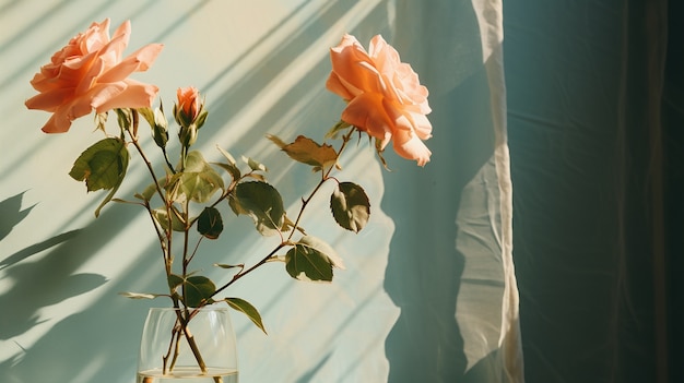 Rosas delicadas em vaso perto da janela