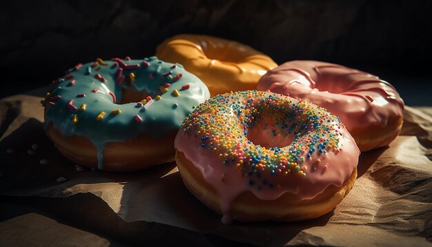 Rosquinha de chocolate gourmet em placa de madeira rústica gerada por IA