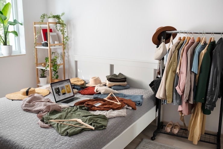 Foto grátis roupas e laptop na cama de alto ângulo