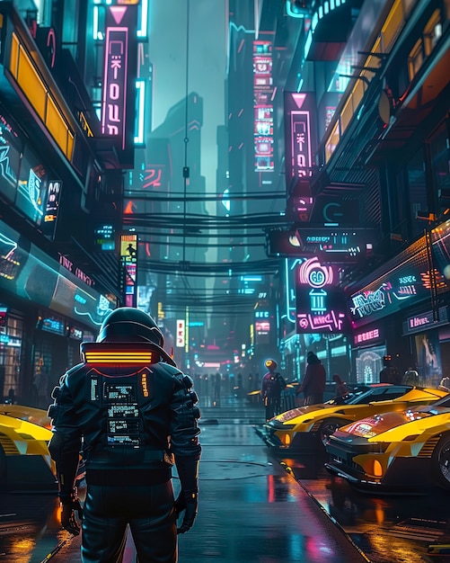 Rua da cidade cyberpunk à noite com luzes de néon e estética futurista