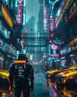 Foto grátis rua da cidade cyberpunk à noite com luzes de néon e estética futurista