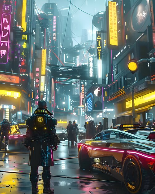 Rua da cidade cyberpunk à noite com luzes de néon e estética futurista