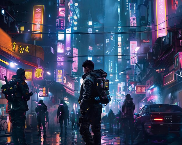 Rua da cidade cyberpunk à noite com luzes de néon e estética futurista