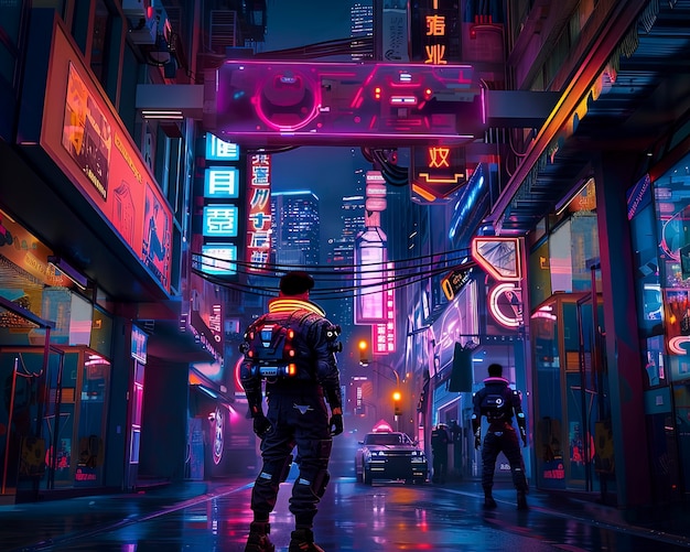 Rua da cidade cyberpunk à noite com luzes de néon e estética futurista