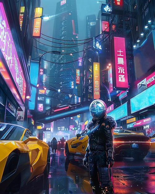 Rua da cidade cyberpunk à noite com luzes de néon e estética futurista