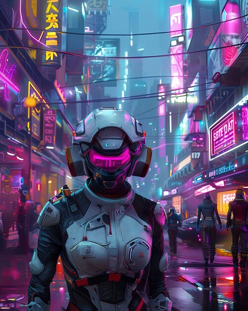 Rua da cidade cyberpunk à noite com luzes de néon e estética futurista